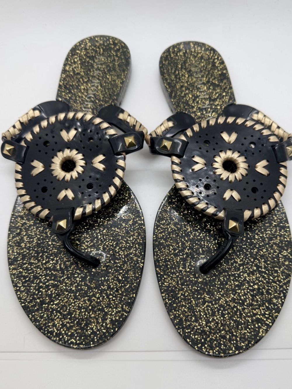 NWT Jack Rogers Black & Gold Glitter Georgica Jelly Sandals Size 9